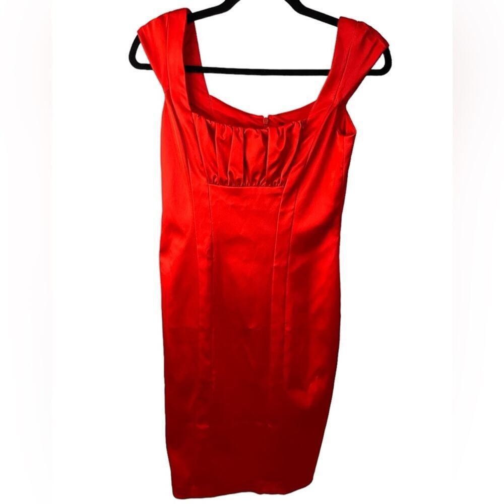 David Meister Red Satin Midi Cocktail Dress Size 2